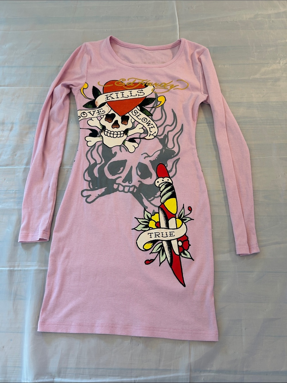 Ed Hardy Pink Long-Sleeve Tattoo Graphic Bodycon Dress